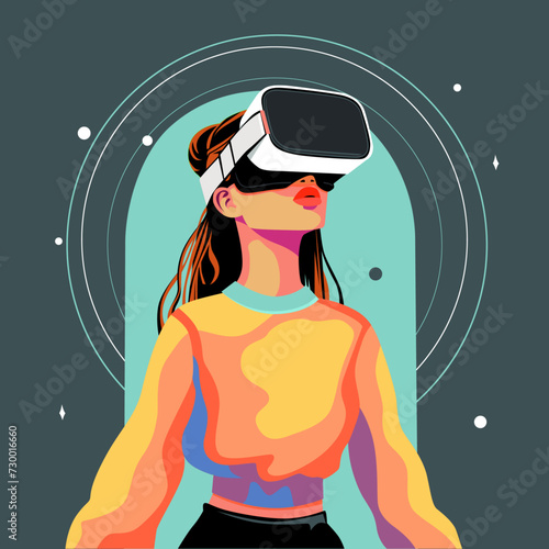 Flat vector illustration with a woman wearing virtual reality glasses and VR headset interacting and exploring the virtual world. Future technologies