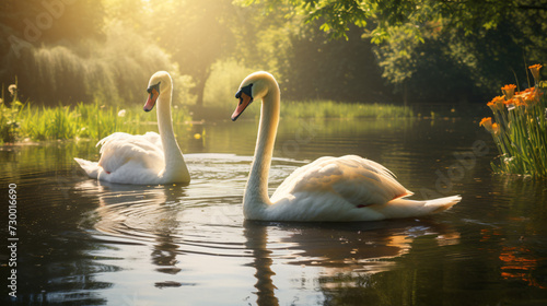 Swans in a natural setting on a pond