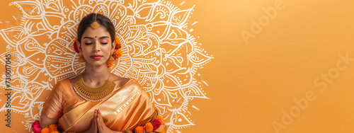 Indian woman on an orange background with rangoli pattern. Religion and ethnic concept. For Ugadi, Gudi Padwa Hindu New Year celebration. Portrait view for wallpaper, poster, banner with copy space photo