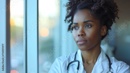 A contemplative Black female doctor in a white coat looking out a window © artem