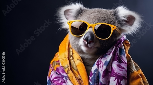 cute gray fluffy koala in sunglasses and colorful ,A cute of koala wearing sunglasses and t-shirt, illustration of cute gray fluffy koala in sunglasses and colorful shirt against bright black © Muhammad