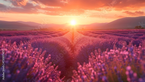 Sunset over Lavender Field  Warm Hues Bathe the Landscape