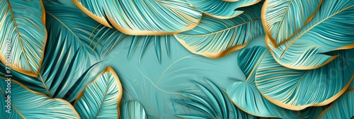 Gold and Green Leaf Art Pattern with a Turquoise Background - Seamless Pattern Light Green and Light Aquamarine Smooth Lines Decorative Luxurious Wall Hangings created with Generative AI Technology