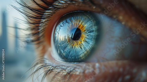 A close-up view of a person's eye with a vibrant rainbow colored iris. This eye image can be used to depict uniqueness, diversity, or creativity in various projects