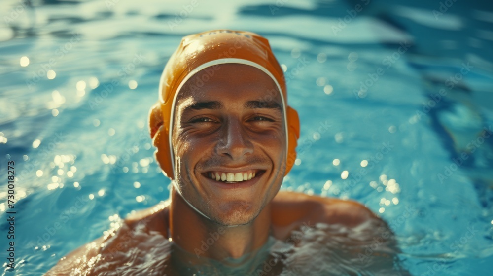 Happy male swimmer in an outdoor pool, sunlit water