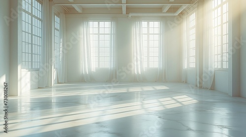 The serene atmosphere of an empty room flooded with soft, natural light. Generative AI. © visoot