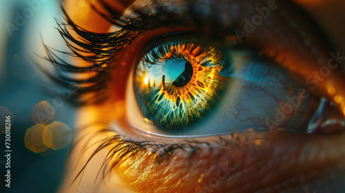 A close-up view of a person's eye with a vibrant rainbow colored iris. This eye image can be used to depict uniqueness, diversity, or creativity in various projects