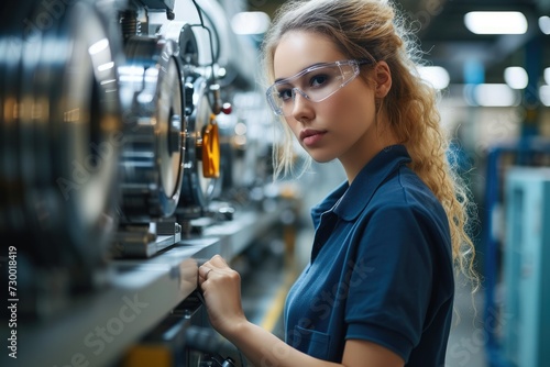 A female quality inspector in a dark blue polo shirt working on industrial parts optical inspection machine in a bright modern industrial hall. Generative AI.