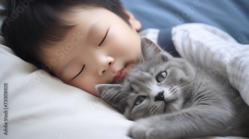 Small Asian child lies on a bed with a cat. Kitten and baby childhood friendship. Baby and cat. Child and Kitten lying together on the bed