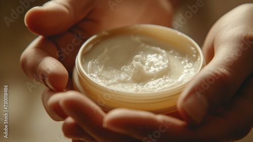 Close up of hands holding an open jar of natural, waterless moisturizer photo