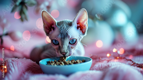 Little cute sphynx cat feeds from a small bowl. Direct look of the cat. Light brown color palette. Generative AI