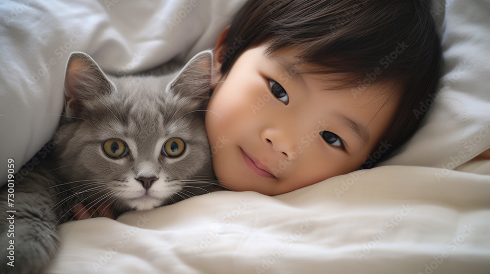Small Asian child lies on a bed with a cat. Kitten and baby childhood friendship. Baby and cat. Child and Kitten lying together on the bed Small Asian child lies on a bed with a cat. Kitten and baby childhood friendship. Baby and cat. Child and Kitten lying together on the bed