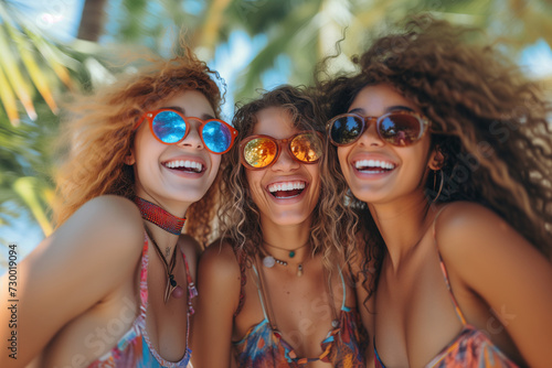 Three best friends enjoy a sun-soaked summer day together, laughing and capturing memories on the beach with tropical vibes all around © Old Man Stocker