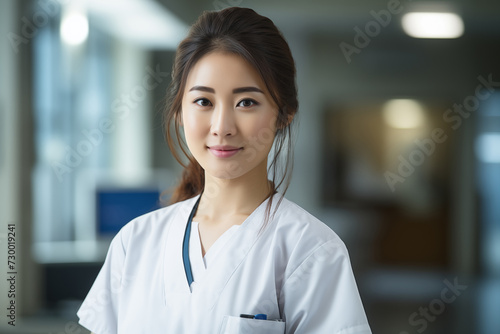 Asian Nurse. A professional Asian nurse smiling confidently, wearing a stethoscope and a scrub, in a bright hospital corridor. Free Download Asian Nurse. A professional Asian nurse smiling confidently, wearing a stethoscope and a scrub, in a bright hospital corridor. - GFXLoad