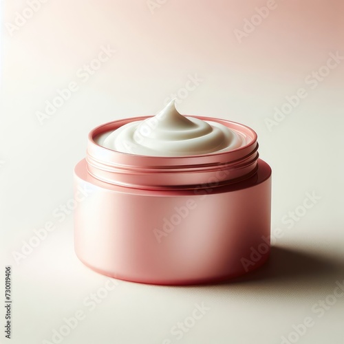 cosmetic cream on pink plastic jar and flower

