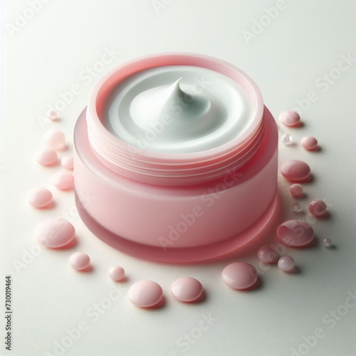 cosmetic cream on pink plastic jar and flower 