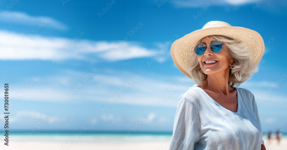 beautiful smiling senior woman in sunglasses and straw hat walking on beach