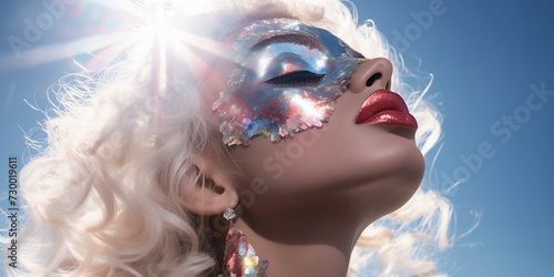 Fashion editorial portrait showcasing a model with holographic and iridescent cosmetics in silver hues. Glowing skin, shimmering eyeshadow, and sparkling lipstick. Futuristic sophistication.