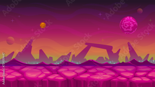 Cartoon space planet surface or galaxy fantasy landscape, vector background. Alien planet ground with stars in purple sky, red mountain rocks and desert for galaxy world fantastic landscape