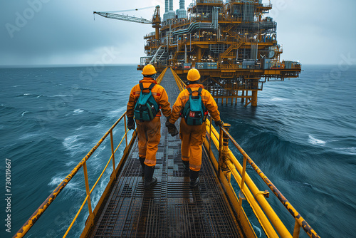 Offshore oil rig workers clad in yellow protective suits and helmets confidently stride across the rig platform, equipped with safety devices. photo