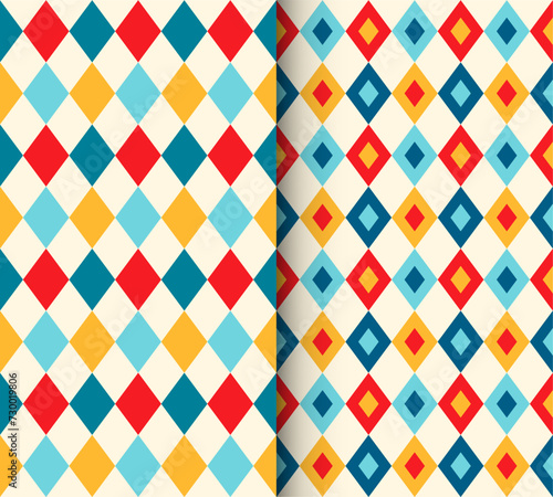 Circus harlequin patterns, rhombus lozenge pattern with diamond-shaped motifs in contrasting colors. Vector visually striking and repetitive tile design associated with traditional theatrical costumes