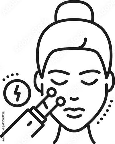 Microcurrent face care, cosmetology and skincare icon. Isolated vector linear sign of innovative technology with delicate waves affect on female face, rejuvenating effect and advanced beauty treatment