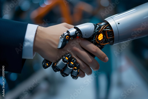 A symbolic handshake between a human and a robotic arm representing human-robot collaboration in the modern industrial sector.