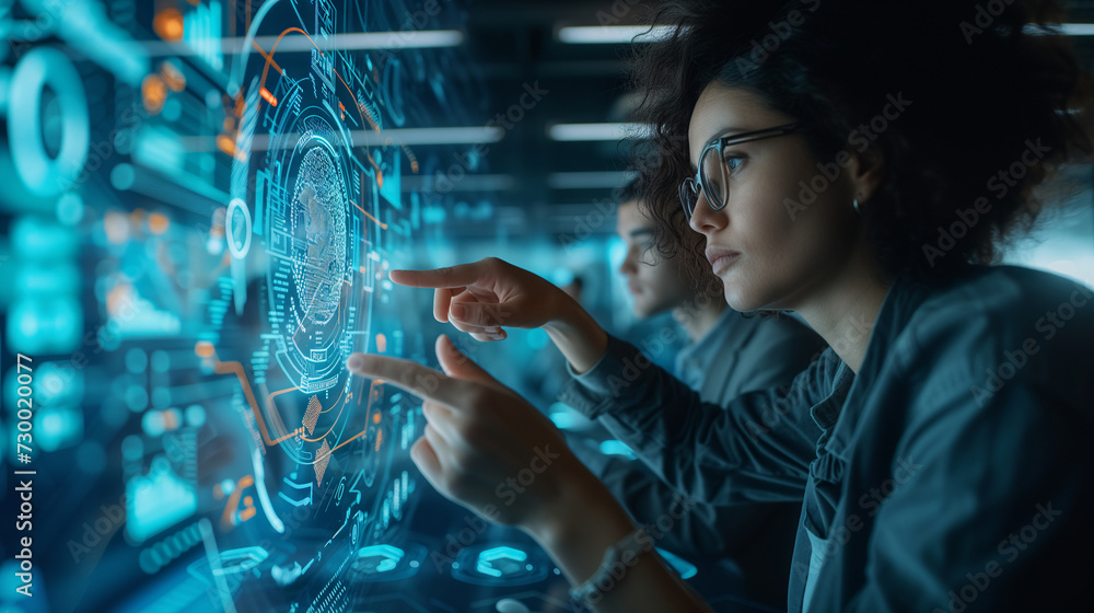 Focused technicians interact with a high-tech holographic display, analyzing digital data in a futuristic research environment. Focused technicians interact with a high-tech holographic display, analyzing digital data in a futuristic research environment.