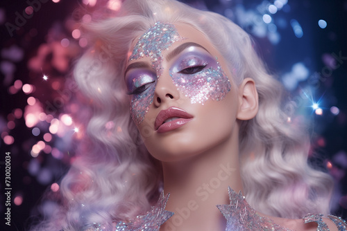 Fashion editorial portrait highlighting a model with holographic and iridescent make-up in silvery tones. Glowing skin, shimmering eyeshadow, and sparkling lip gloss. Futuristic elegance.