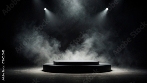 On a dark, smoke-filled stage, a black podium serves as an abstract platform for showcasing products, highlighted by spotlights amidst the foggy texture