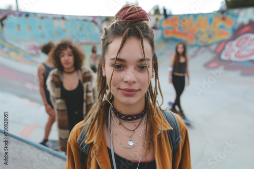 Edgy teenager with dreadlocks and a layered necklace standing in front of graffiti artwork, embodying a rebellious and free-spirited urban youth culture.