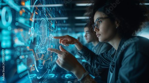 Focused technicians interact with a high-tech holographic display, analyzing digital data in a futuristic research environment. © Old Man Stocker