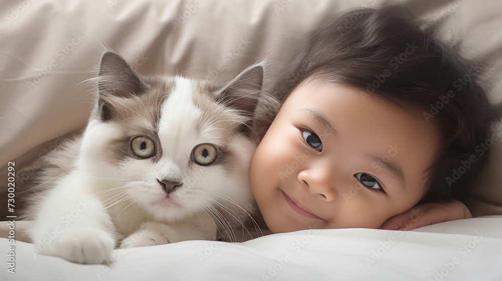 Small Asian child lies on a bed with a cat. Kitten and baby childhood friendship. Baby and cat. Child and Kitten lying together on the bed