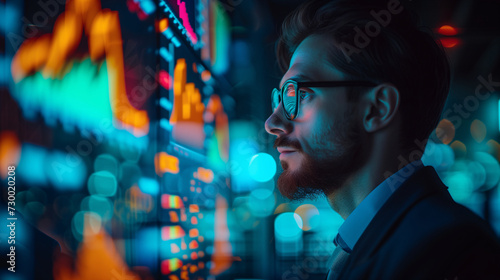 Businessman. A focused businessman in glasses studies complex stock market data visualizations on digital screens, reflecting financial analytics.