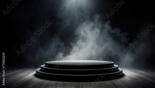 On a dark, smoke-filled stage, a black podium serves as an abstract platform for showcasing products, highlighted by spotlights amidst the foggy texture