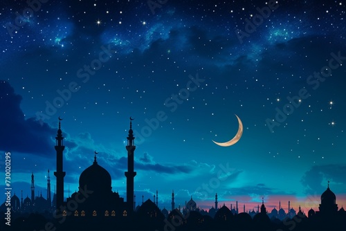 A Night Sky Scene with the Silhouette of a Mosque. Ramadan Mubarak