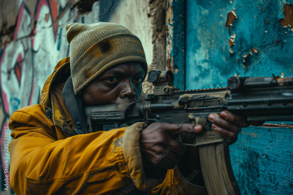 Fototapeta premium Focused man in yellow jacket aiming a rifle, urban graffiti backdrop.