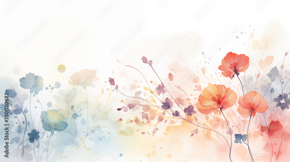 Minimalistic watercolor illustration with flowers on white background. Yellow, orange, blue, green, red, purple