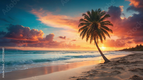 A solitary palm tree swaying gently atop a sandy beach and set against a backdrop of a vibrant sunset sky © mdaktaruzzaman
