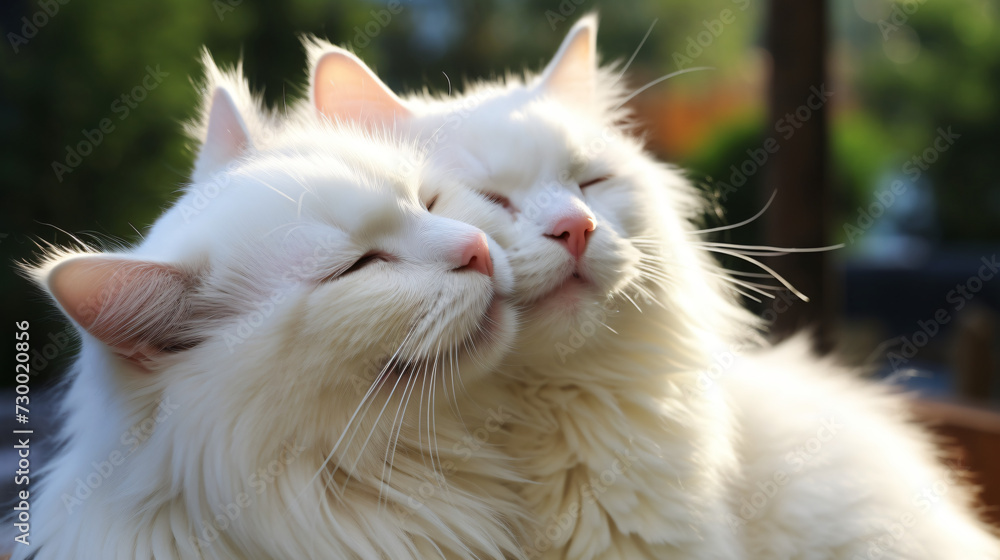 Two lovely white cats happily getting a neck rub