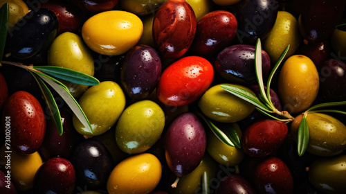 Various types of olives background. View from above. Mediterranean cuisine. Generative AI