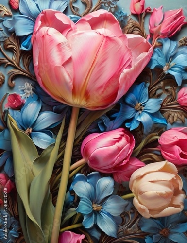 a beautiful pink tulip lies on a background of blue and pink flowers