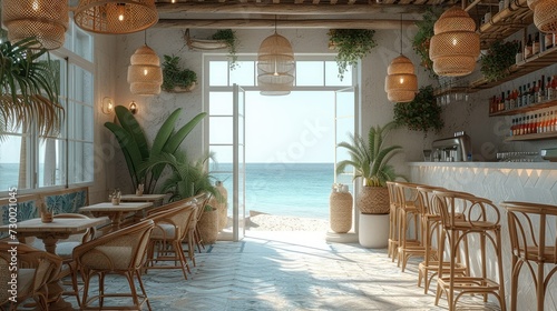 Fototapeta Naklejka Na Ścianę i Meble -  The interior of a cafe by the sea. The main materials for the interior are terracotta. Generative AI.