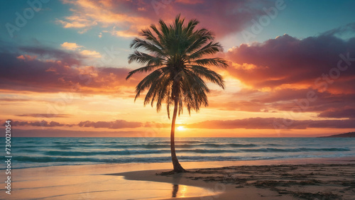 A solitary palm tree swaying gently atop a sandy beach and set against a backdrop of a vibrant sunset sky