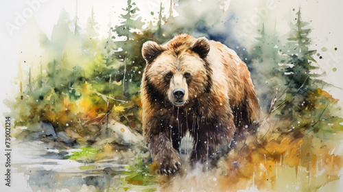 Watercolor illustration of a brown bear in forest.