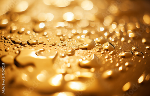 Glistening water droplets on golden surface close-up