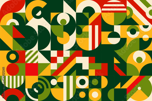 Mexican modern geometric motif with abstract Bauhaus pattern, vector background. Mexican flag colors pattern of simple minimal elements and geometric shapes in Bauhaus, Swiss or Scandinavian pattern