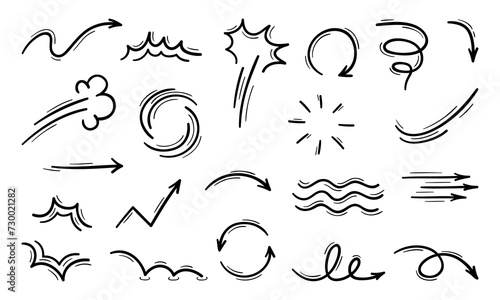 Movement and motion lines, arrows, curve waves and boom puff, vector icons. Cartoon FX effect and abstract linear symbols of explosion cloud, curly spiral and zigzag arrow pointer with sun and circles