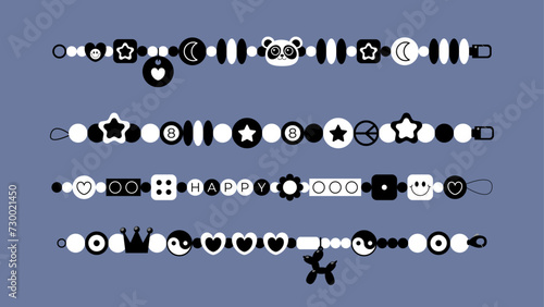 Set of cute retro beads bracelets in black and white colors.  Hand drawn plastic elements with heart, star symbol, flower, moon sign. Y2k friendship accessories beaded. Vector illustration
