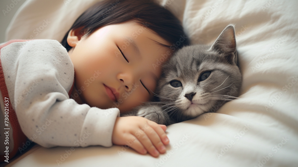 Small Asian child lies on a bed with a cat. Kitten and baby childhood friendship. Baby and cat. Child and Kitten lying together on the bed Small Asian child lies on a bed with a cat. Kitten and baby childhood friendship. Baby and cat. Child and Kitten lying together on the bed